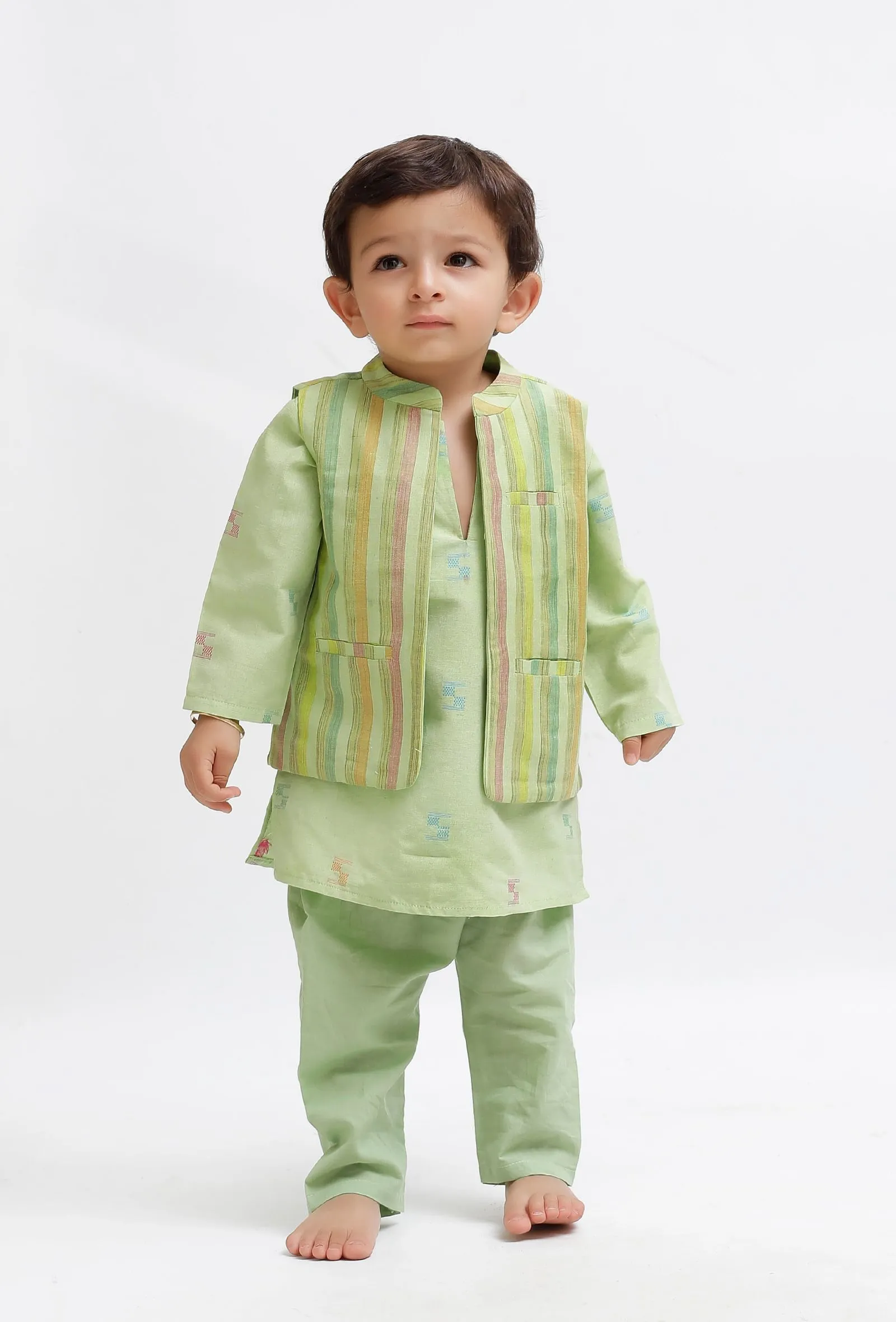 Set Of 3:  Green Dobby Kurta and Green Pant with Green Striped Nehru Jacket