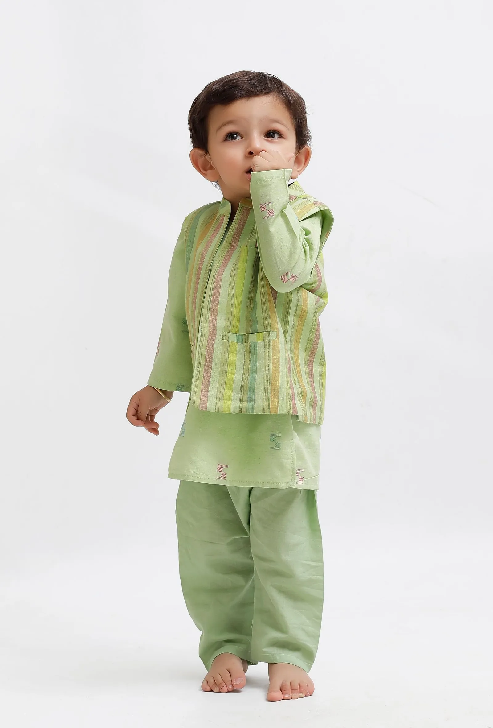 Set Of 3:  Green Dobby Kurta and Green Pant with Green Striped Nehru Jacket