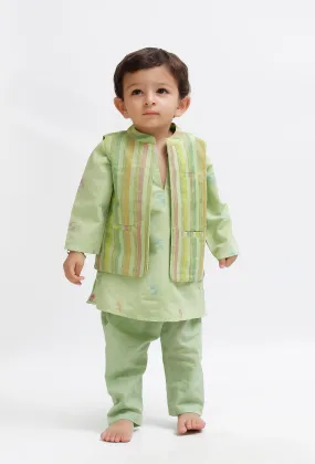 Set Of 3:  Green Dobby Kurta and Green Pant with Green Striped Nehru Jacket