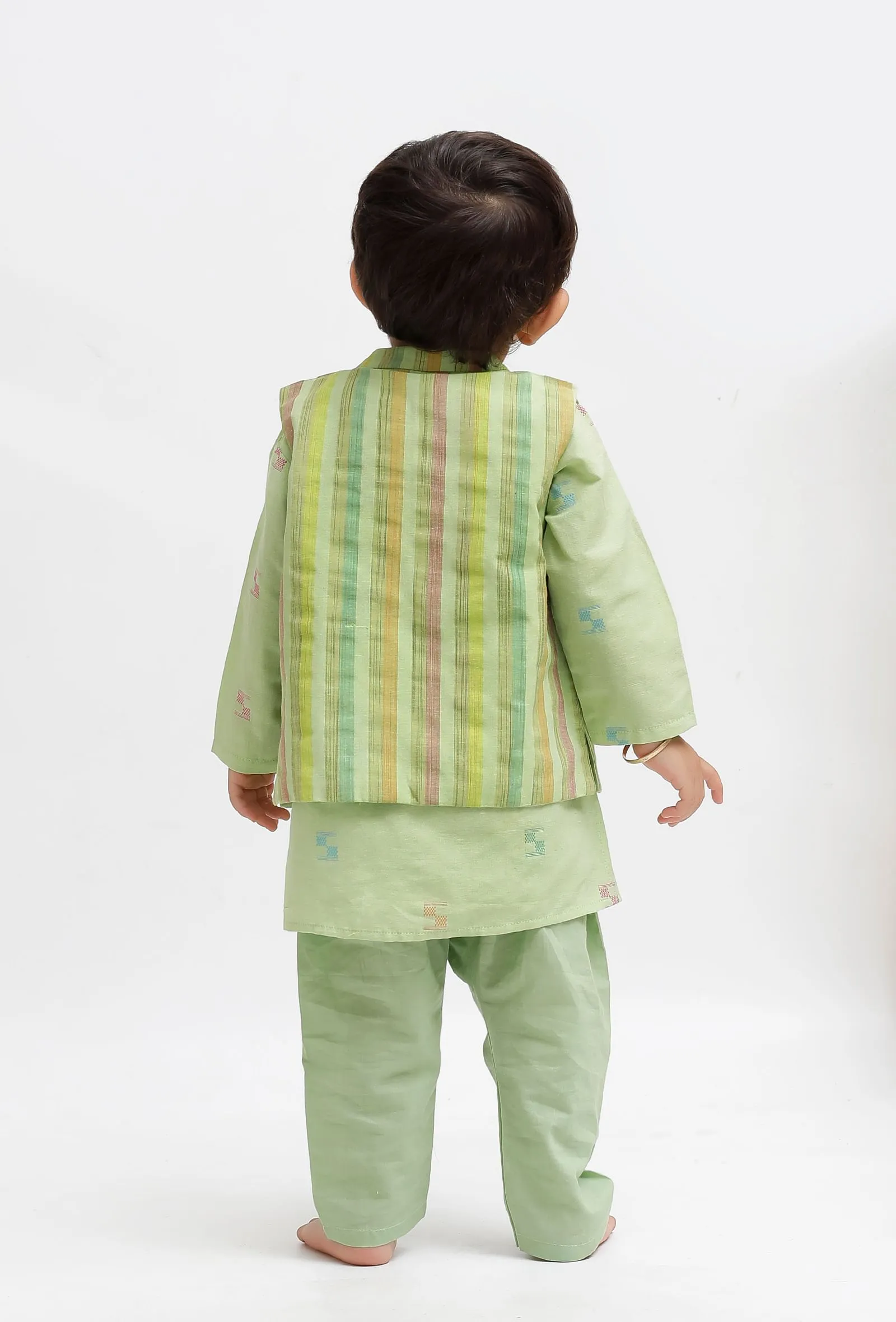 Set Of 3:  Green Dobby Kurta and Green Pant with Green Striped Nehru Jacket