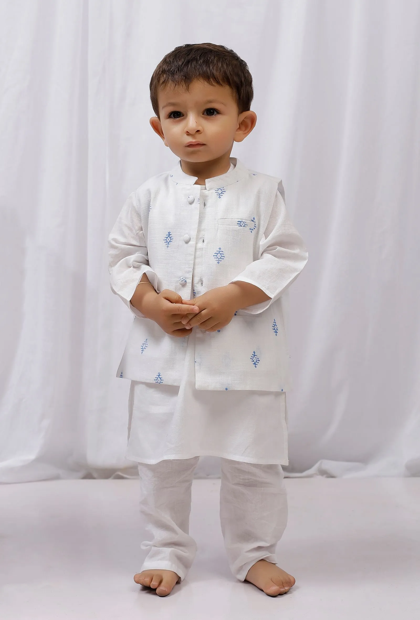 Set Of 3: White Cotton Kurta, Pajama & Blue Hand Block Printed Nehru Jacket