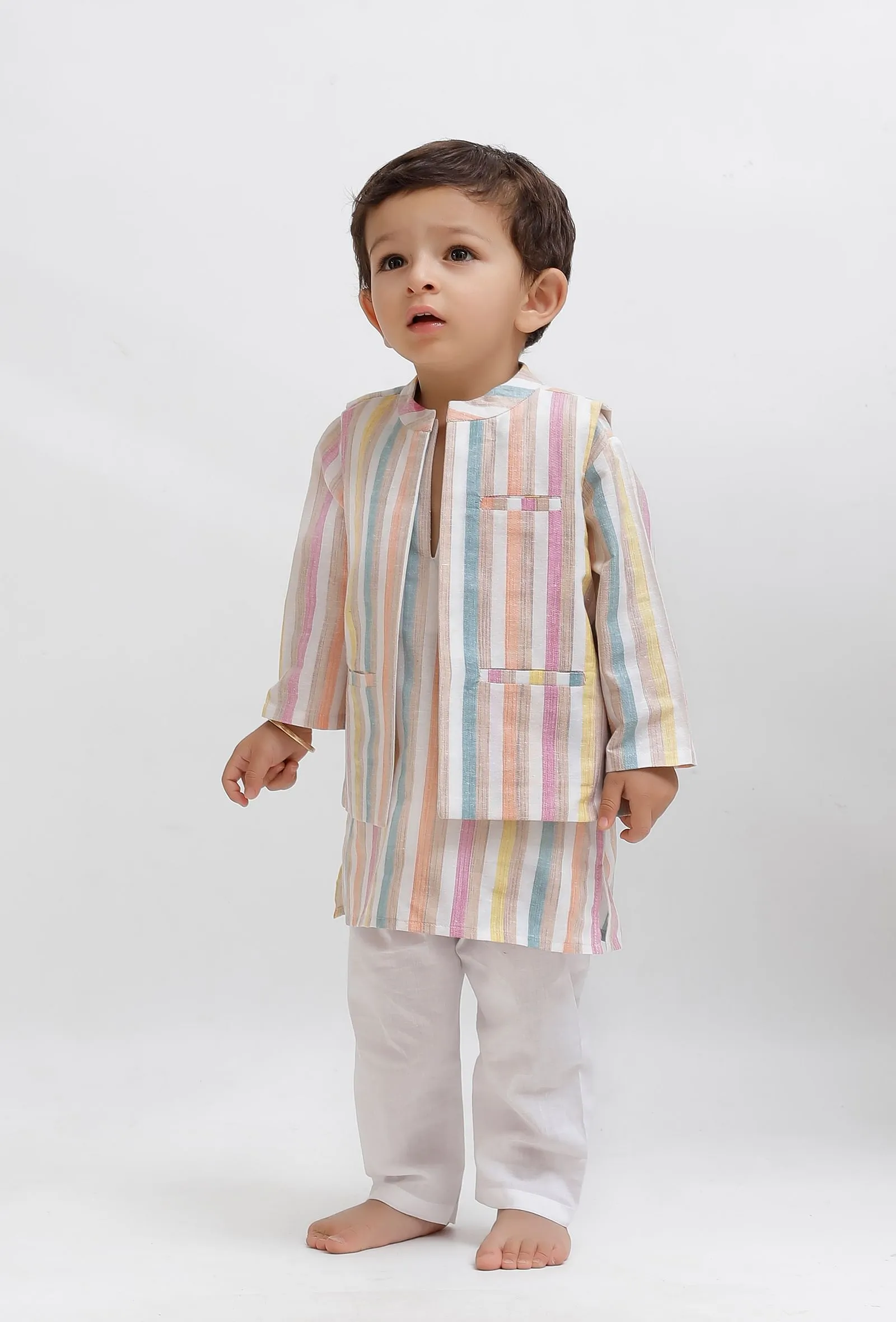 Set Of 3:  White Striped Kurta and White Pant with White Striped Nehru Jacket