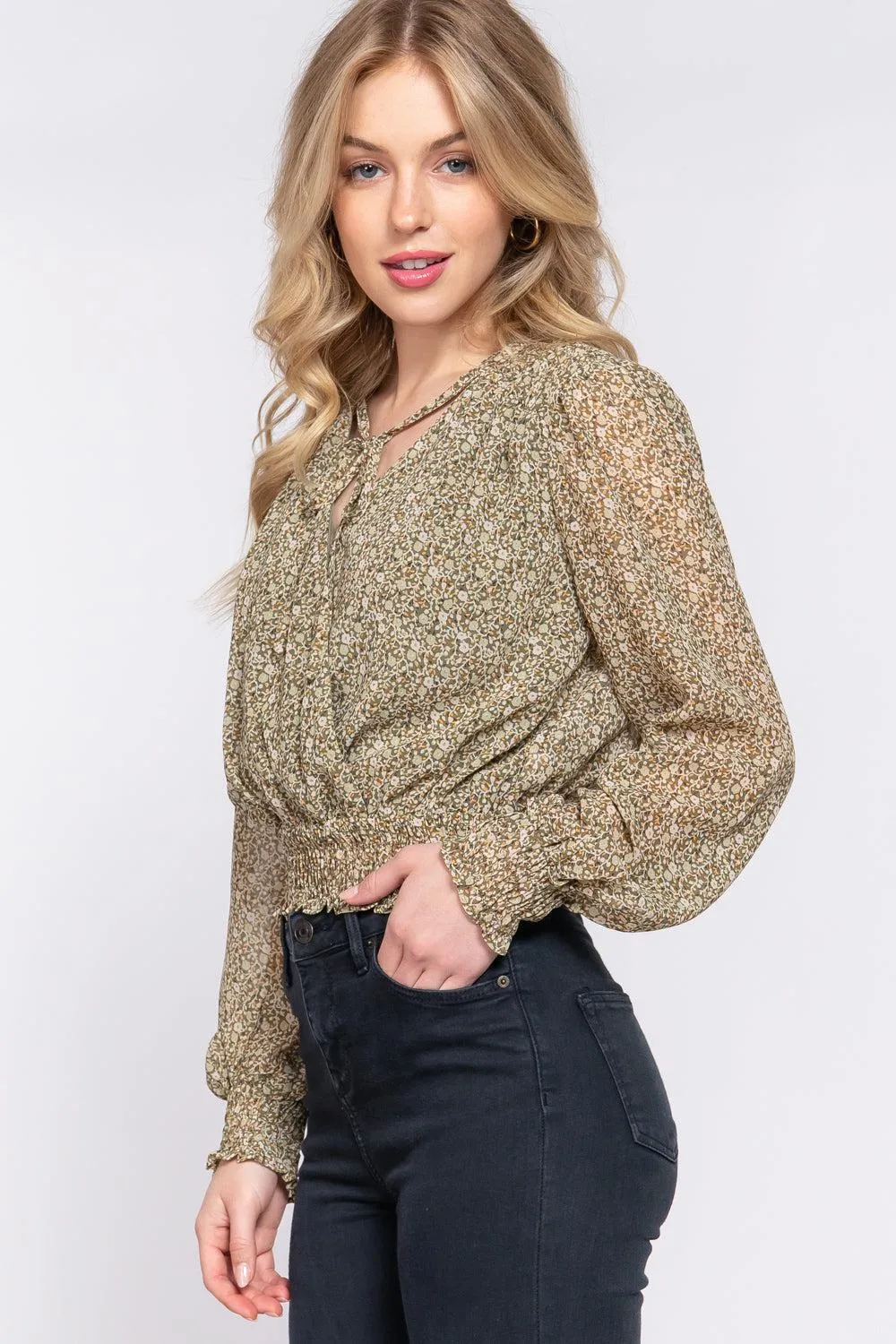 Steph Smocked Print Chiffon Blouse