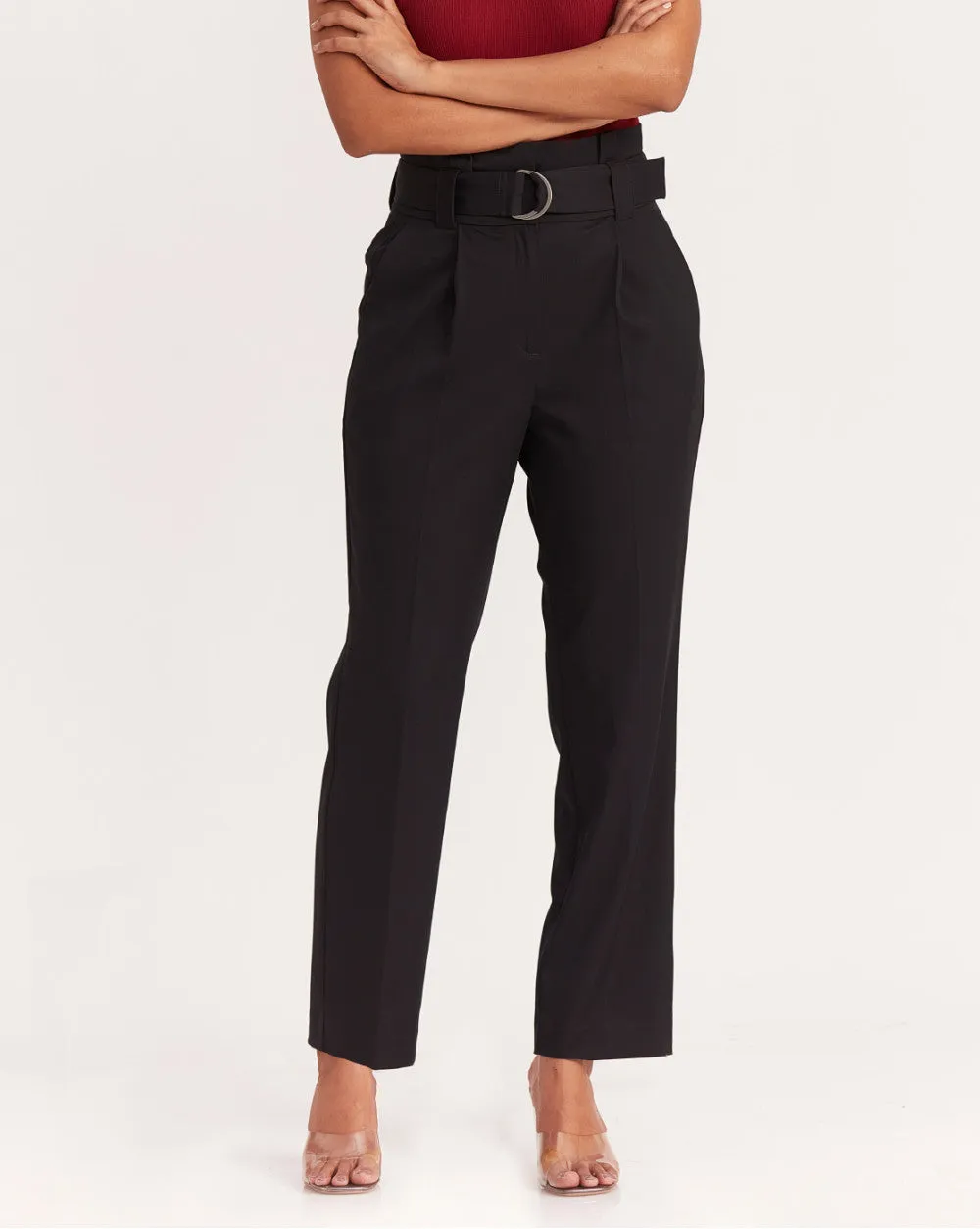 Straight Fit High Waist Pleated Paperbag Trousers - Jet Black