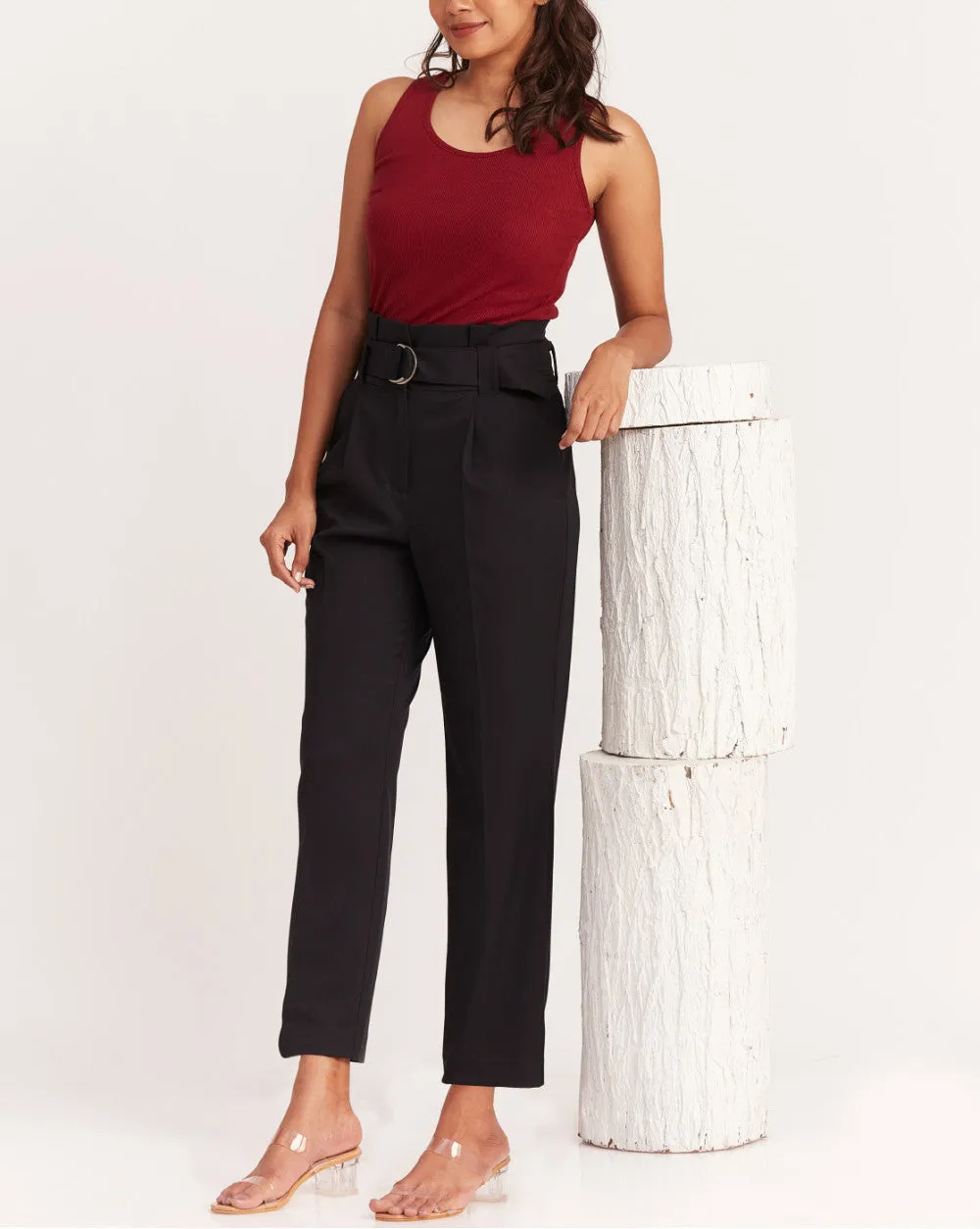 Straight Fit High Waist Pleated Paperbag Trousers - Jet Black