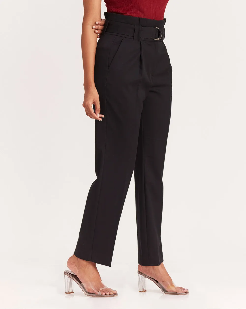 Straight Fit High Waist Pleated Paperbag Trousers - Jet Black