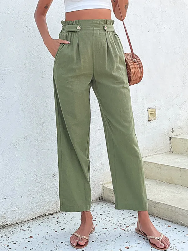 Straight-Leg Pants: Paperbag Waist, Pleated Buttons Trousers