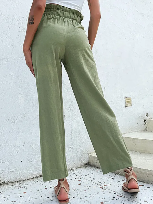 Straight-Leg Pants: Paperbag Waist, Pleated Buttons Trousers