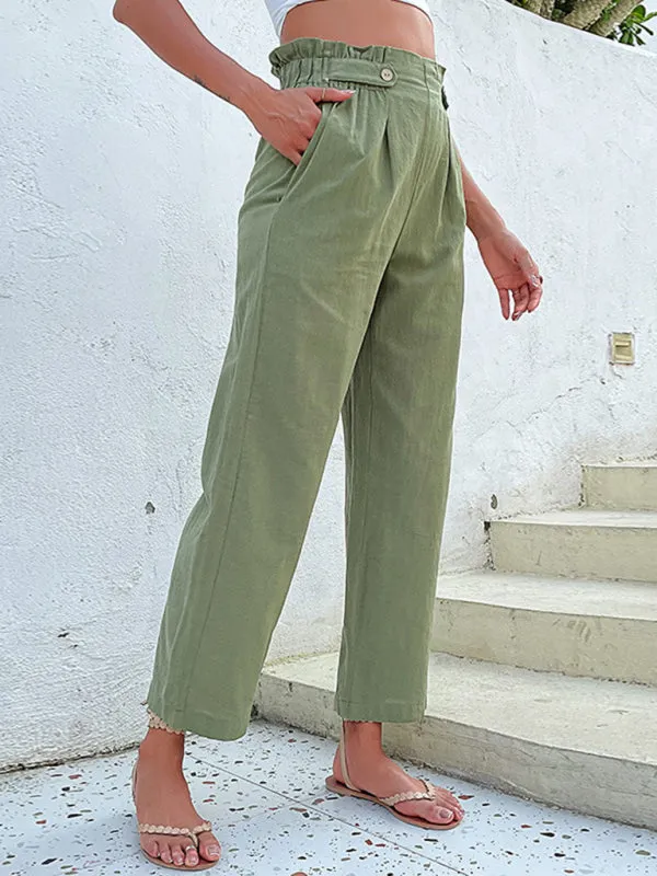 Straight-Leg Pants: Paperbag Waist, Pleated Buttons Trousers