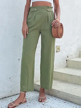 Straight-Leg Pants: Paperbag Waist, Pleated Buttons Trousers