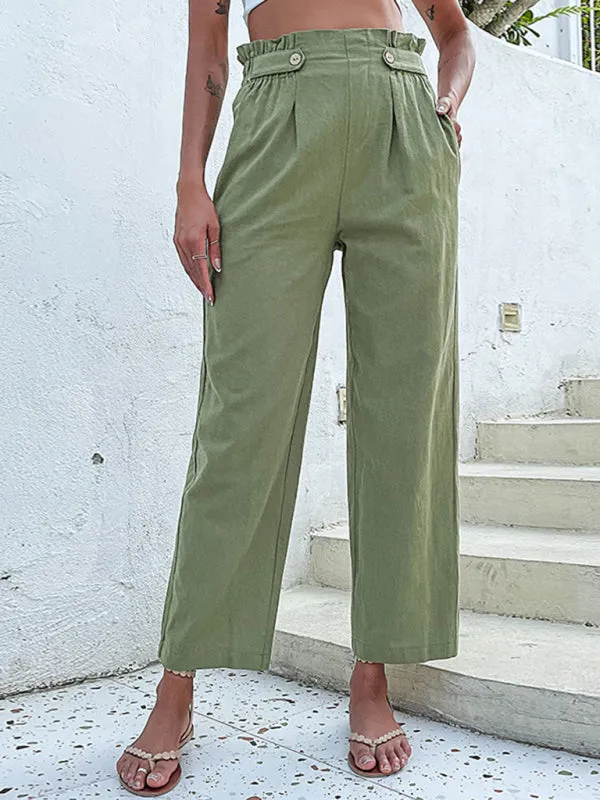 Straight-Leg Pants: Paperbag Waist, Pleated Buttons Trousers