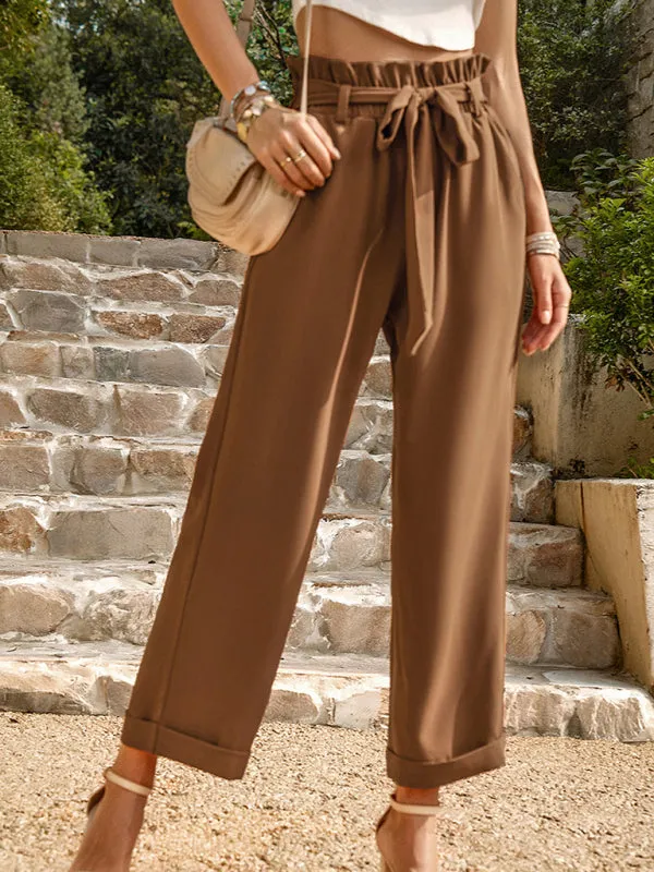 Straight-Leg Trousers with High Waist and Waist-Tie Belt - Pants