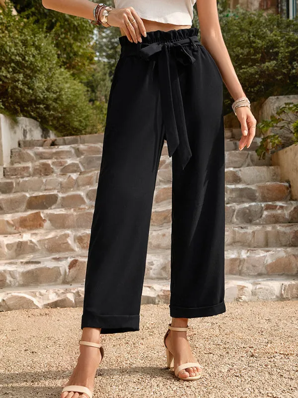 Straight-Leg Trousers with High Waist and Waist-Tie Belt - Pants