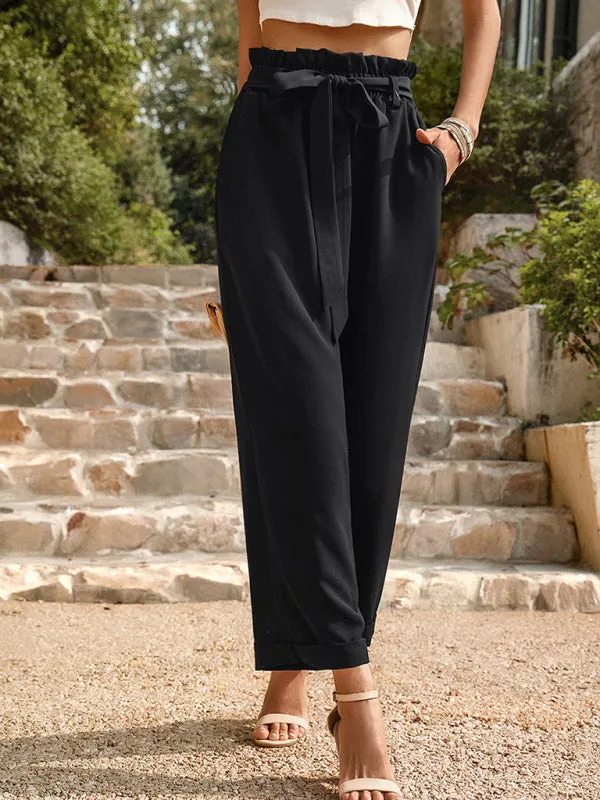 Straight-Leg Trousers with High Waist and Waist-Tie Belt - Pants