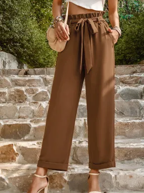 Straight-Leg Trousers with High Waist and Waist-Tie Belt - Pants