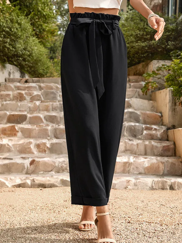 Straight-Leg Trousers with High Waist and Waist-Tie Belt - Pants