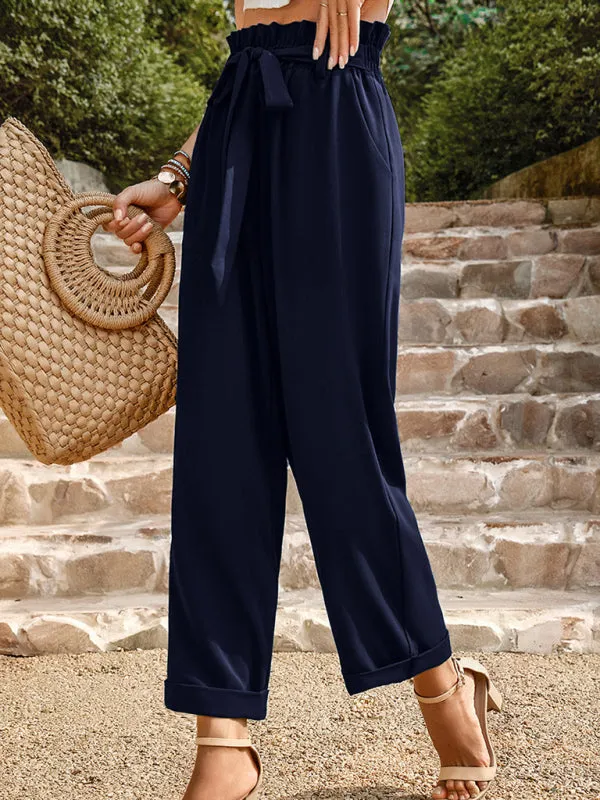 Straight-Leg Trousers with High Waist and Waist-Tie Belt - Pants