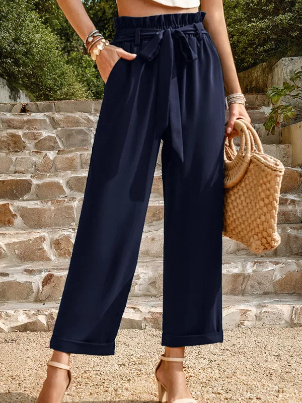 Straight-Leg Trousers with High Waist and Waist-Tie Belt - Pants