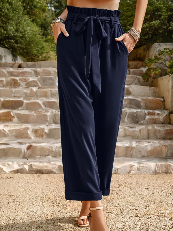 Straight-Leg Trousers with High Waist and Waist-Tie Belt - Pants