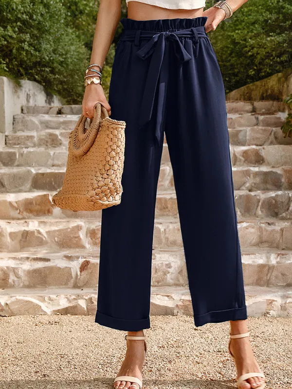 Straight-Leg Trousers with High Waist and Waist-Tie Belt - Pants