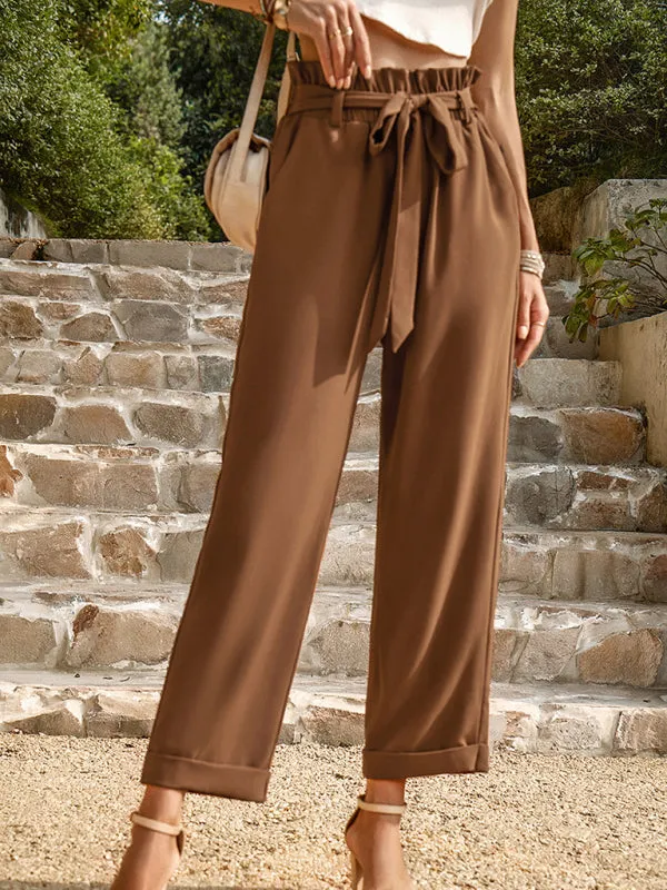 Straight-Leg Trousers with High Waist and Waist-Tie Belt - Pants