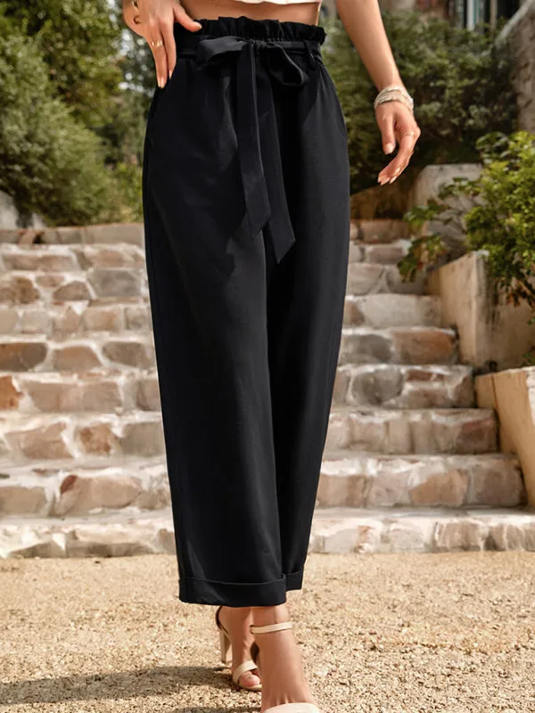 Straight-Leg Trousers with High Waist and Waist-Tie Belt - Pants