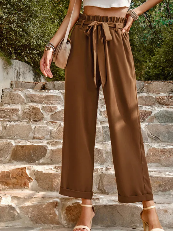 Straight-Leg Trousers with High Waist and Waist-Tie Belt - Pants