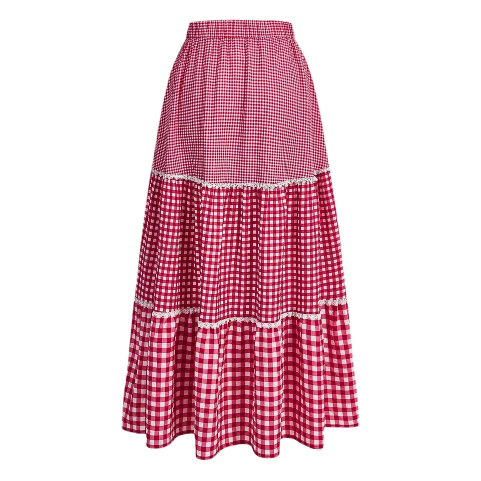 TAVIMART  -  Y2k Plaid Tiered Maxi Skirts for Women High Waist Flowy A line Gingham Skirts Vintage Ruffle Midi Skirts for Summer Holiday