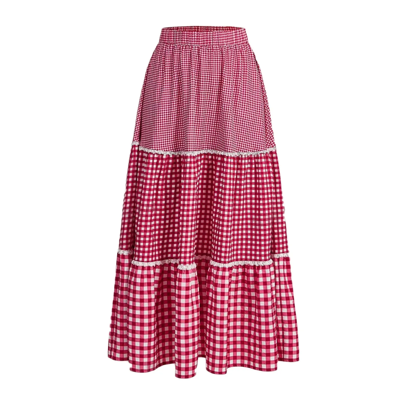 TAVIMART  -  Y2k Plaid Tiered Maxi Skirts for Women High Waist Flowy A line Gingham Skirts Vintage Ruffle Midi Skirts for Summer Holiday