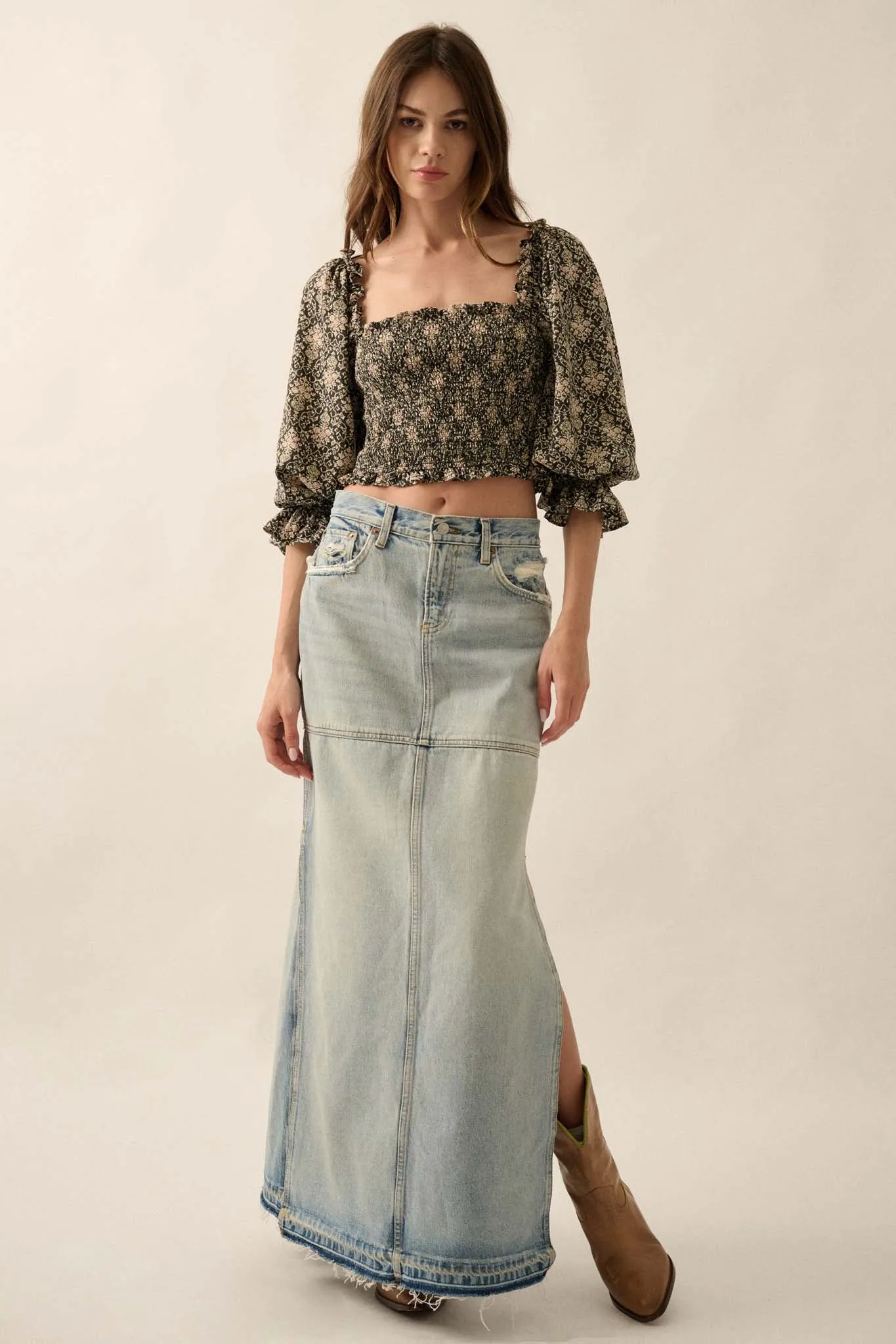 Timeless Beauty Ornate Floral Cropped Peasant Top