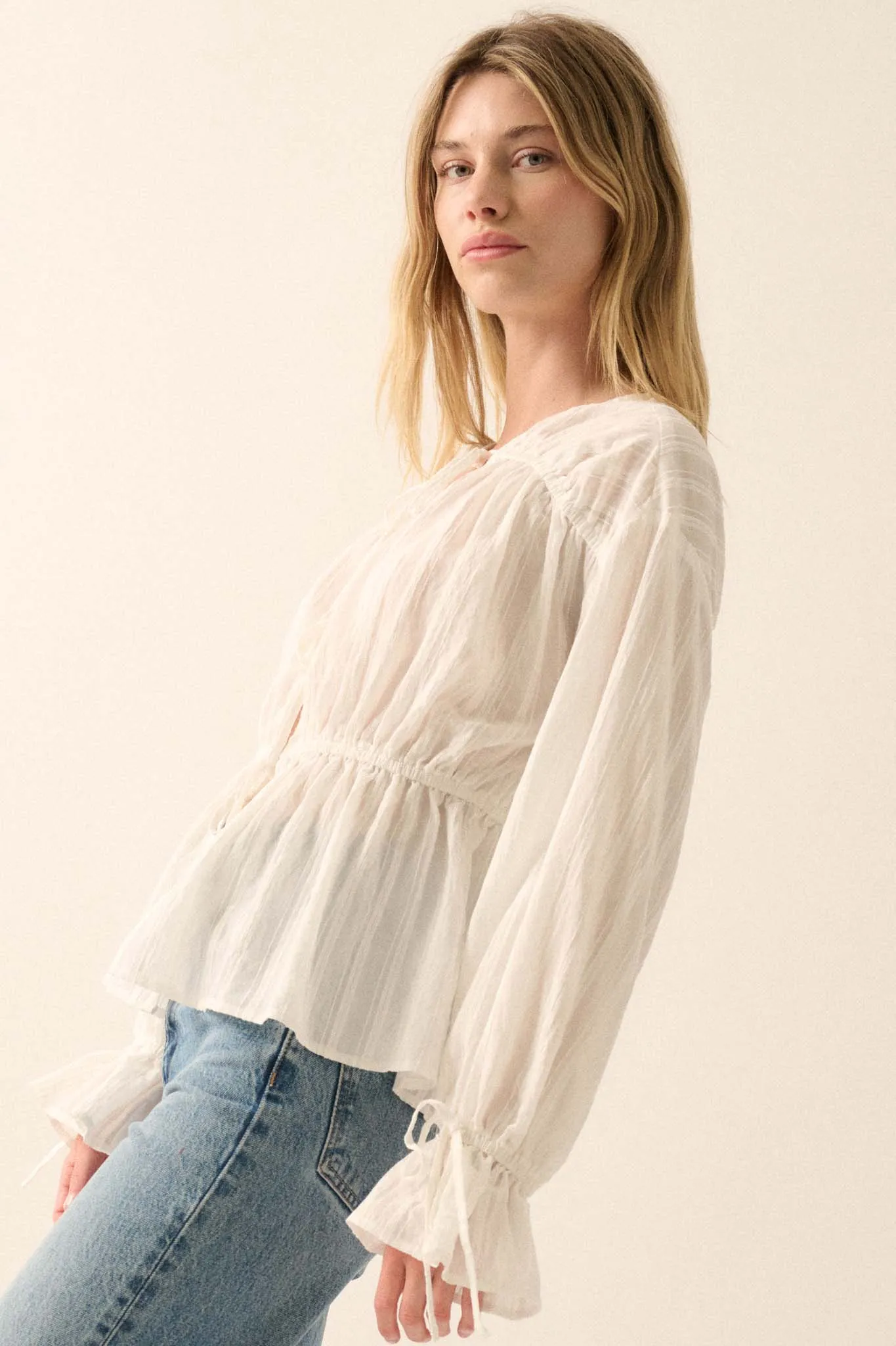 Treasured Beauty Tonal-Stripe Tie-Front Blouse