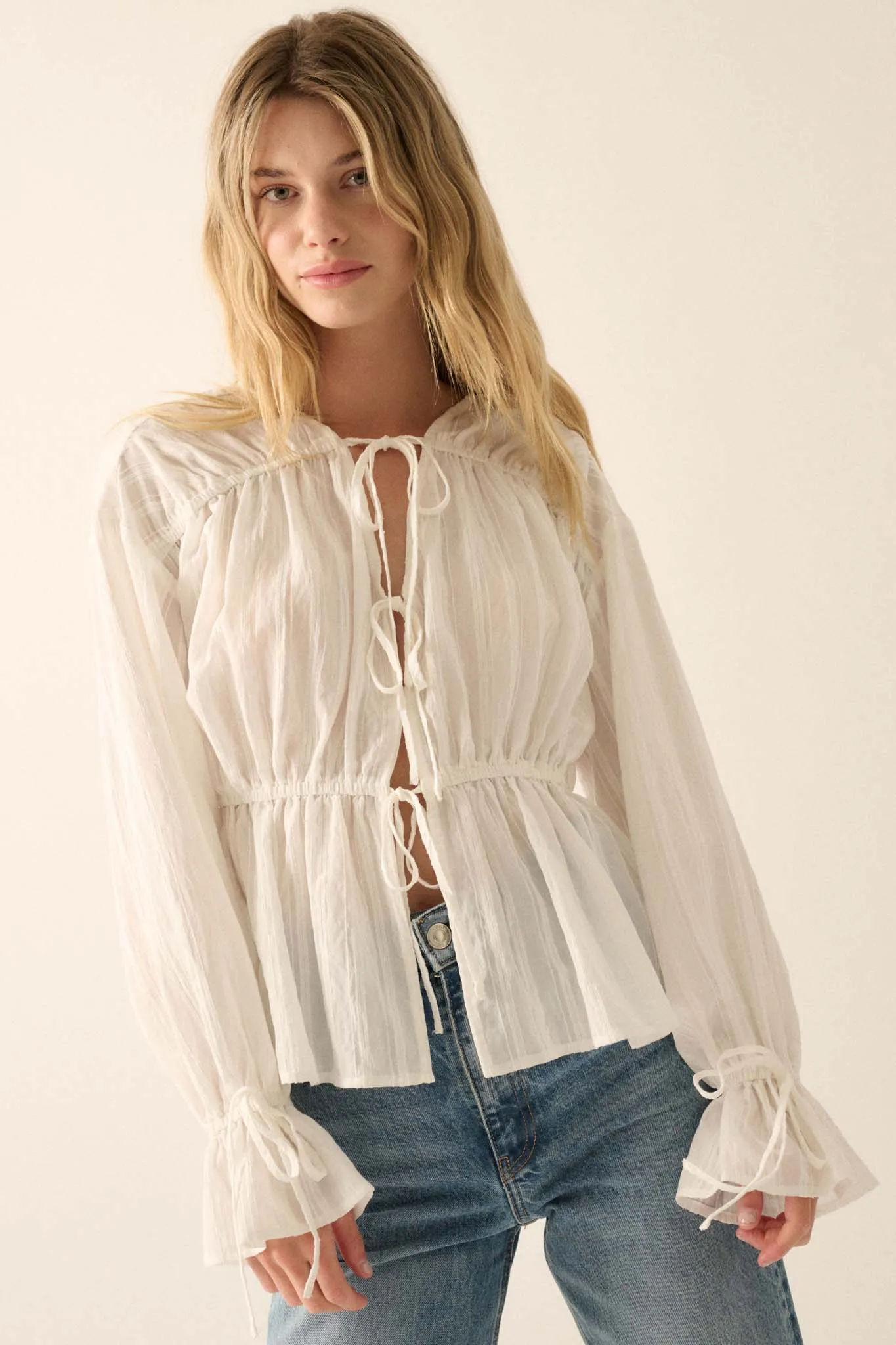 Treasured Beauty Tonal-Stripe Tie-Front Blouse