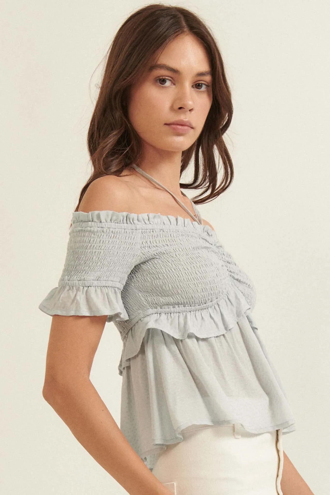 True Devotion Smocked Off-Shoulder Babydoll Top