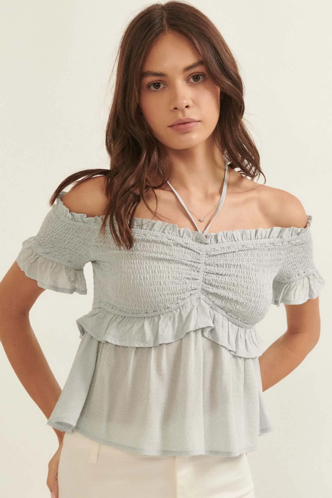 True Devotion Smocked Off-Shoulder Babydoll Top