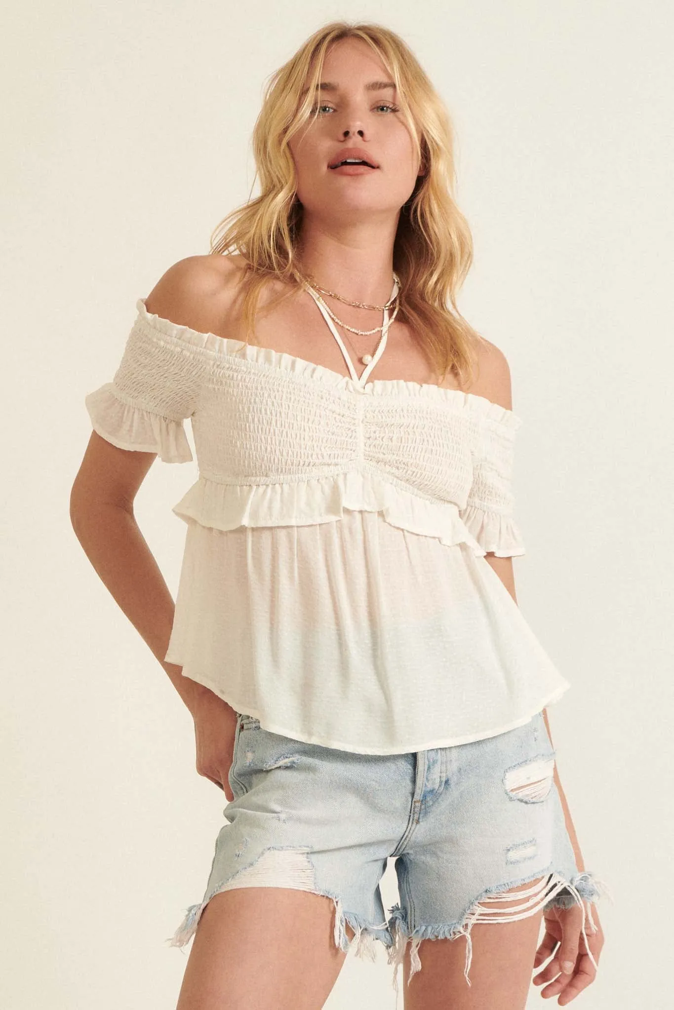 True Devotion Smocked Off-Shoulder Babydoll Top