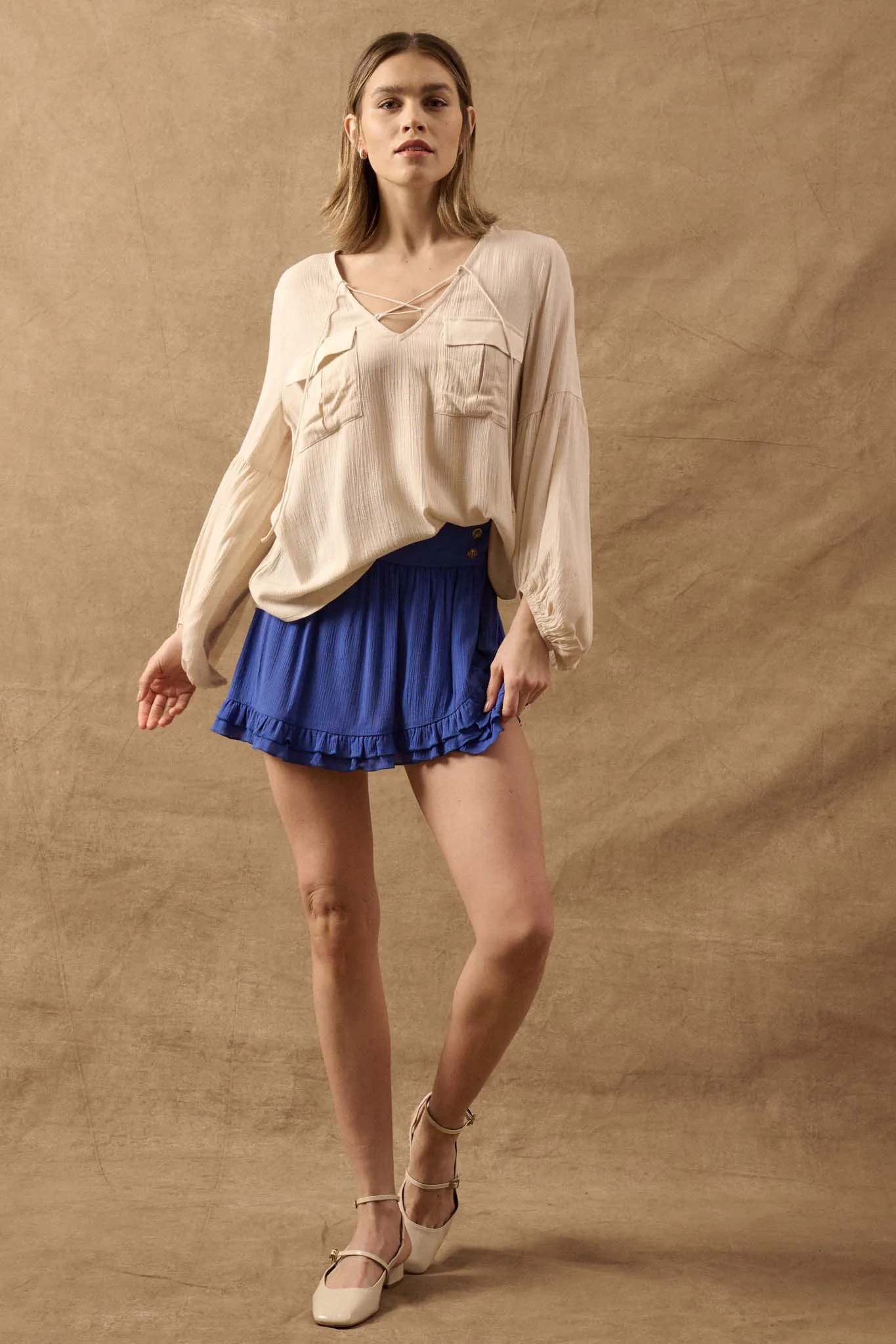 True Nature Balloon-Sleeve Pocket Peasant Top