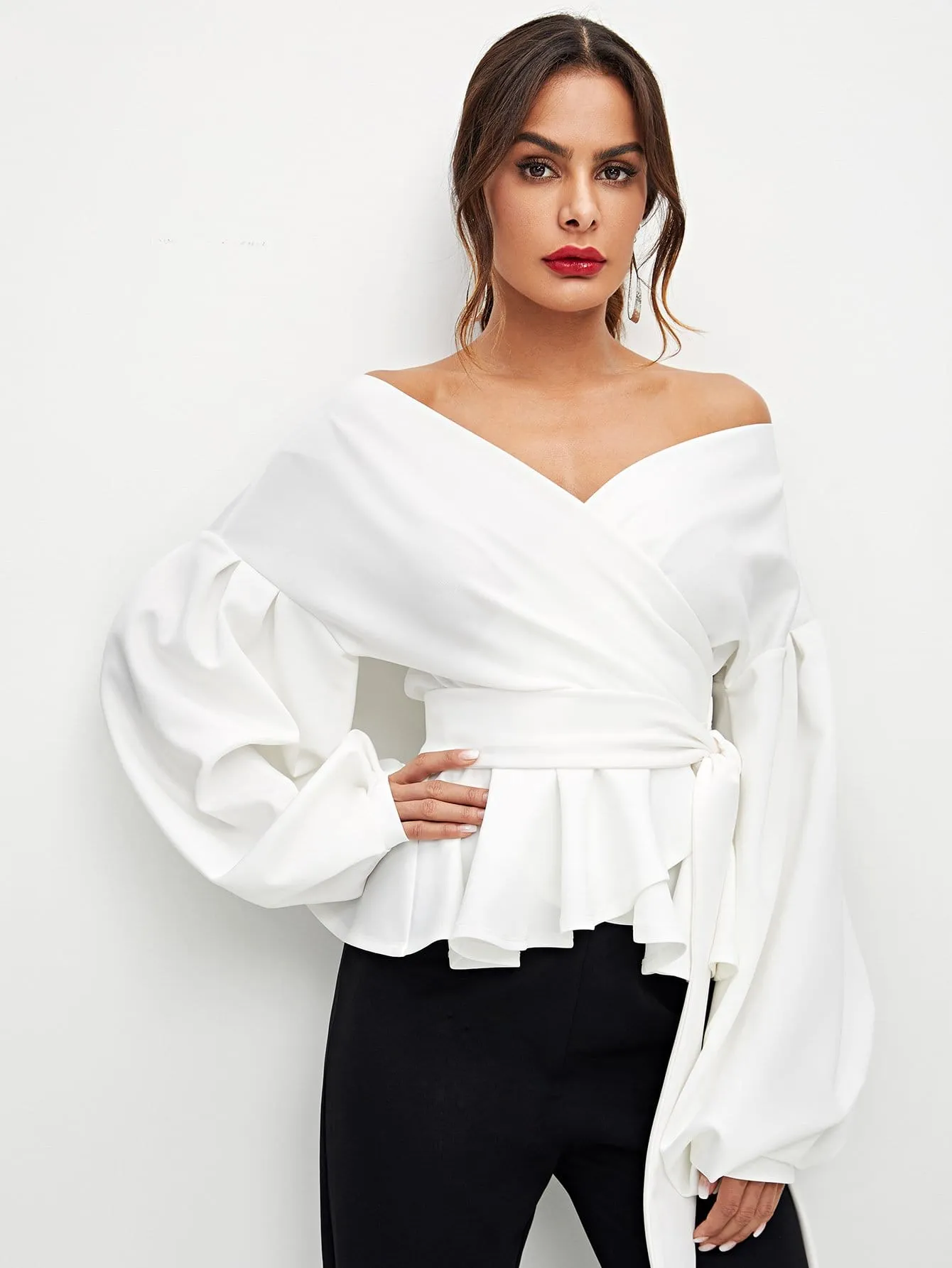 Unity Lantern Sleeve Surplice Belted Peplum Blouse