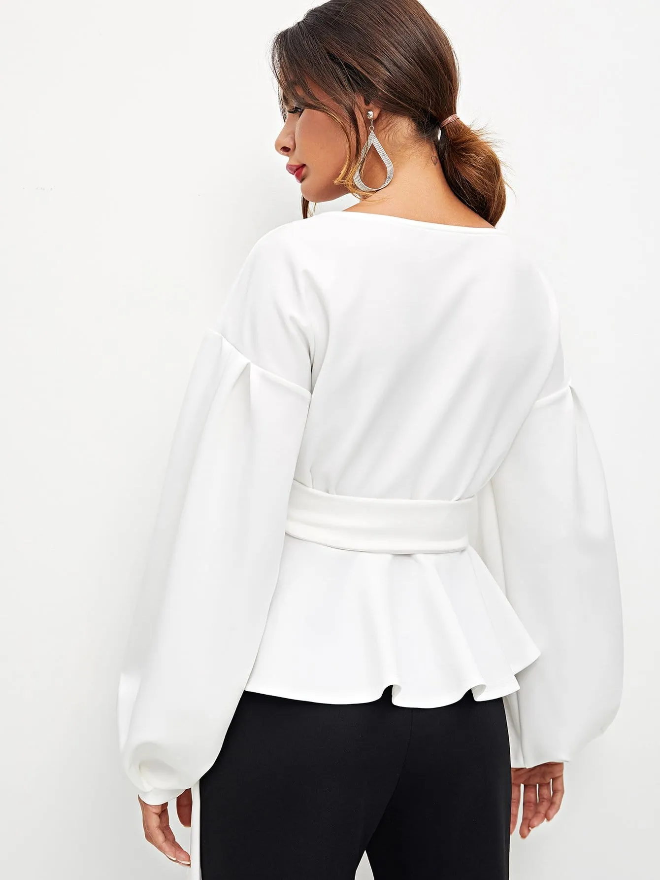 Unity Lantern Sleeve Surplice Belted Peplum Blouse