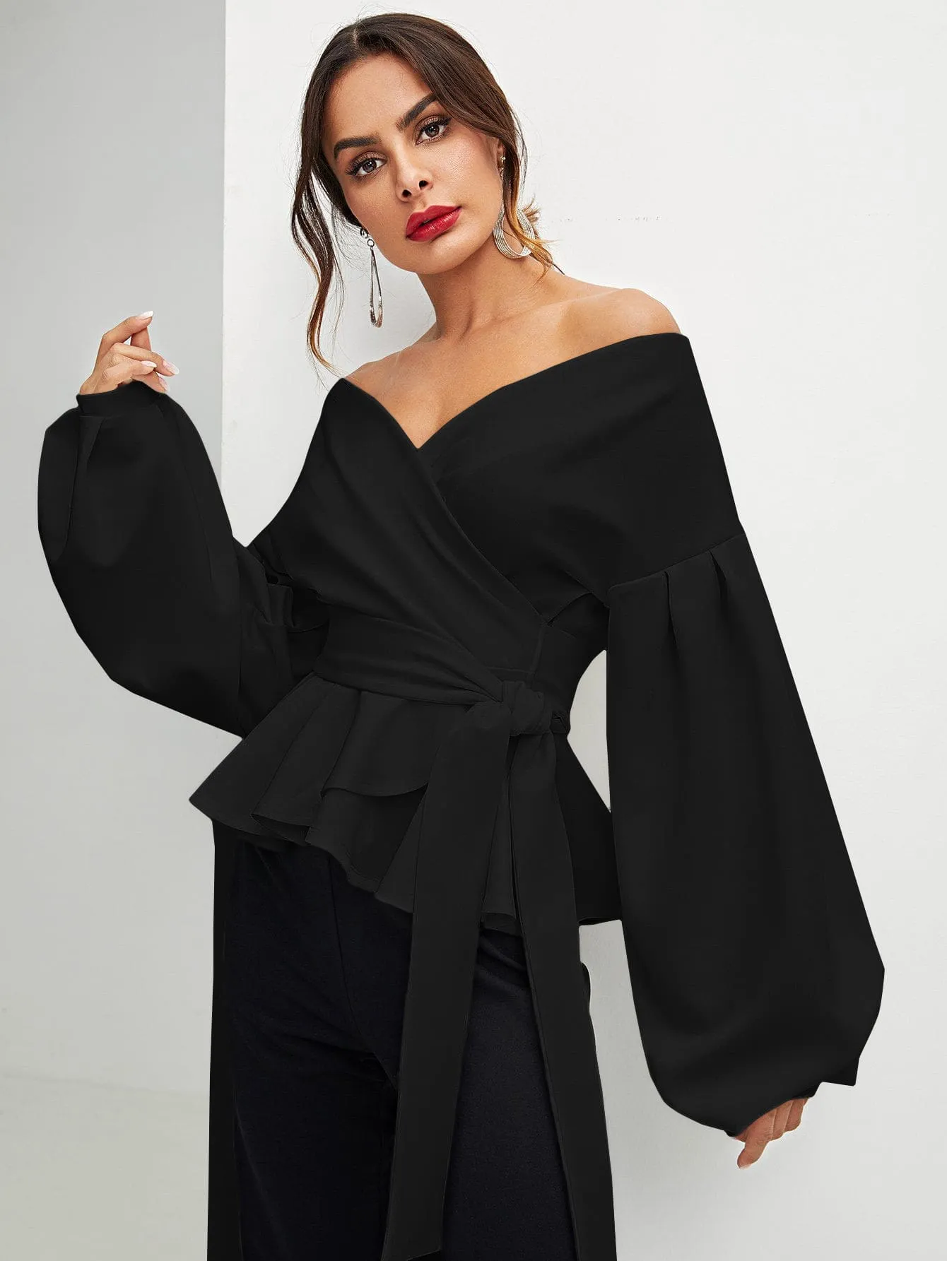 Unity Lantern Sleeve Surplice Belted Peplum Blouse