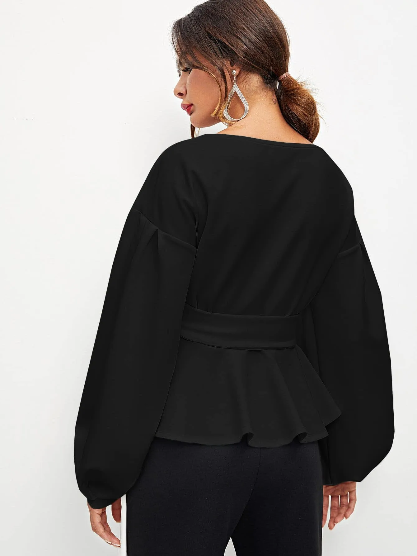 Unity Lantern Sleeve Surplice Belted Peplum Blouse