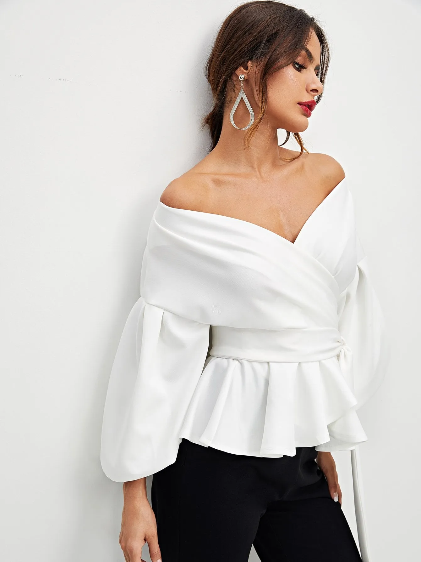 Unity Lantern Sleeve Surplice Belted Peplum Blouse