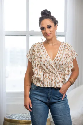 Venice Floral Print Ruffle Butterfly Sleeve Top - Ivory