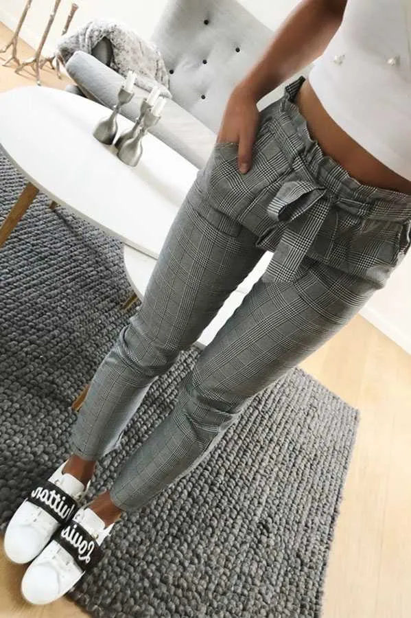 Vintage Tie Waist Grey Checked Skinny Trousers Paparbag Pants