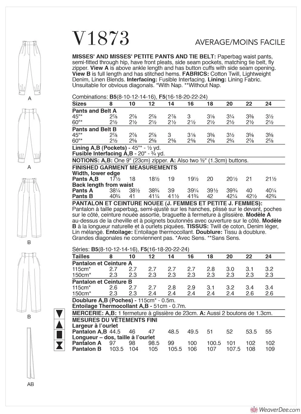 Vogue Pattern V1873 Trousers & Tie Belt (Misses' & Misses' Petite)