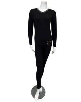 VPJ-BLK Black Ribbed V Neck Pajamas Set