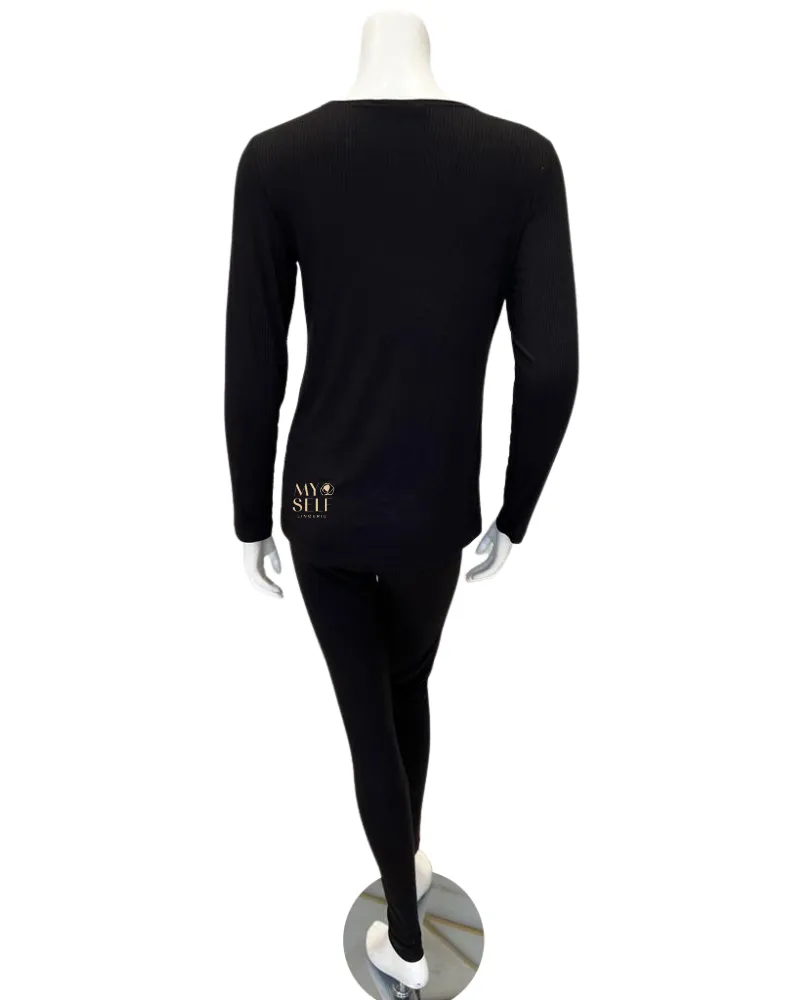 VPJ-BLK Black Ribbed V Neck Pajamas Set