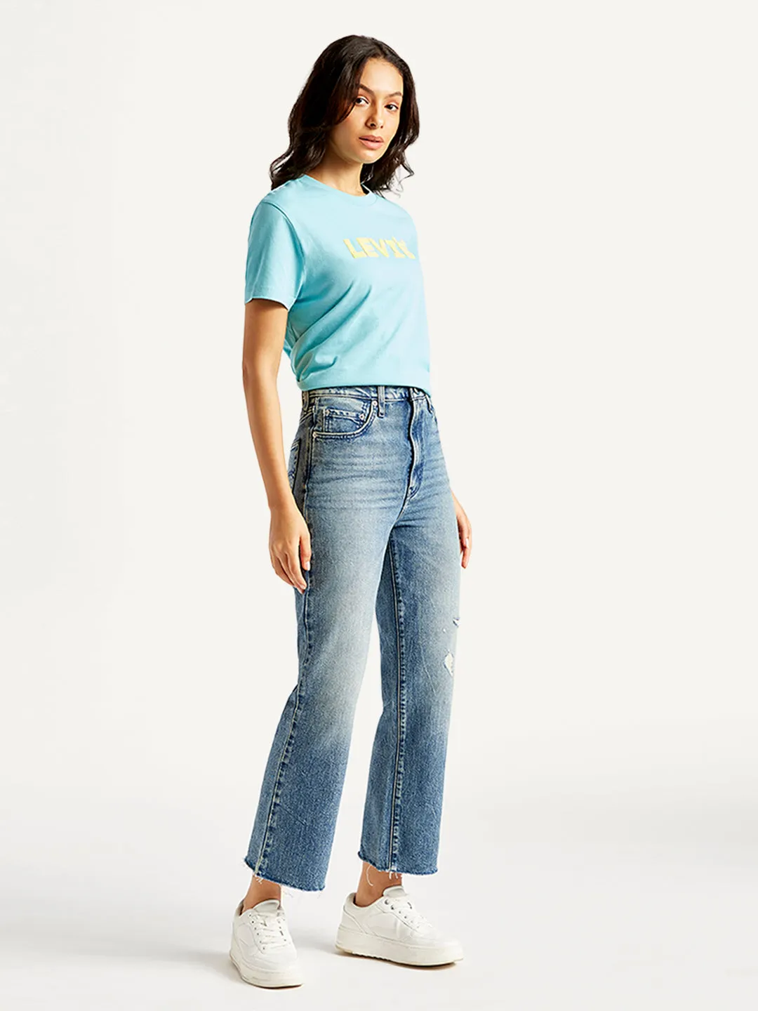 Women's High Rise Ribcage Cropped Bootcut Blue Jeans